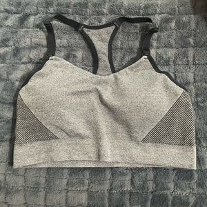 Heather Gray Sports Bra with Striped Accents